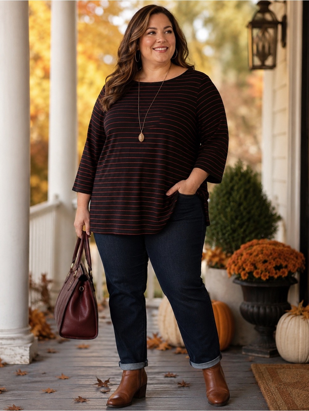 Studio NWT Plus Size 2X Black & Red Stripe Boat Neck 3/4 Sleeve Top